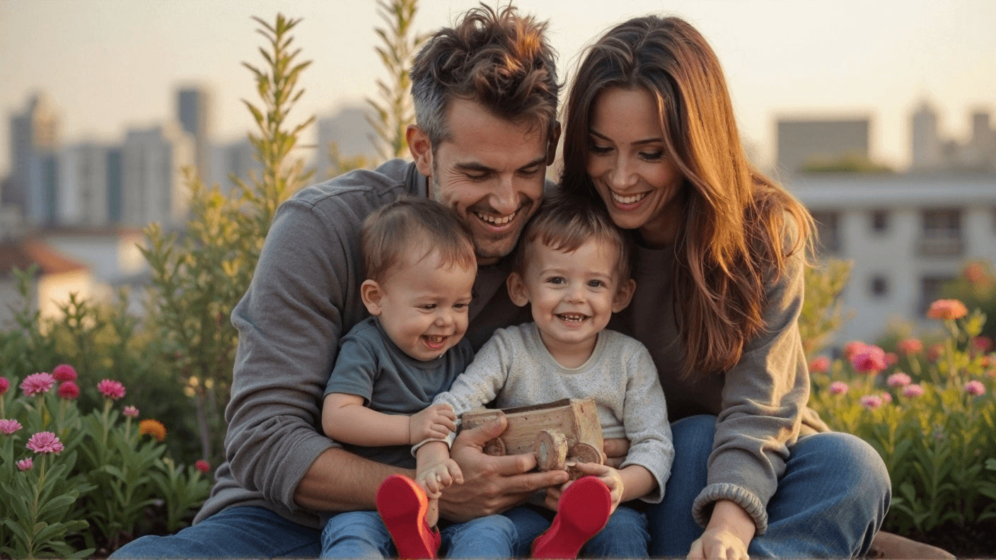 Familie mit zwei Kleinkindern entdeckt gemeinsam ein Lernspielzeug